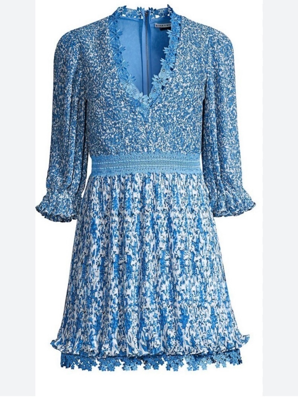 Alice + Olivia Blue Floral V-Neck Crochet-Trim Mini Dress